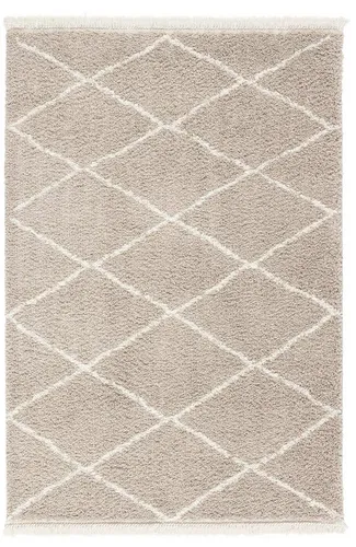 TESSO LIVING Hochflor Teppich - Beige - 80 x 150 cm - Elegantes Diamantmuster - Flauschiger Hochflorteppich mit elegantem Diamantmuster und Fransen. Schafft eine gemütliche Atmosphäre und ist pflegeleicht – ideal für jeden Wohnraum. Hochwertige Verarbeitung sorgt für Langlebigkeit und Formstabilität.