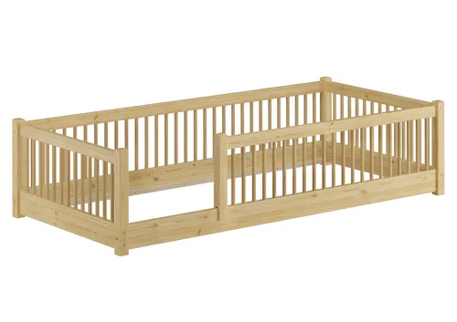 ERST-HOLZ Niedriges Kinderbett Kiefer 90 x 200 cm - Sicheres, niedriges Kinderbett aus klar lackierter Kiefer für ein behagliches Schlaf- und Spielerlebnis. Ideal für Kleinkinder, mit stabilen Pfosten und zusätzlichem Schutz vor Herausfallen.