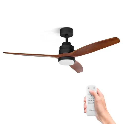 Ufesa Deckenventilator mit Licht LED, 40W, 6 Geschwindigkeiten, Ultra Silent, 3 Flügel Naturholz 132cm, Sommer - Winter Funktion, Timer 8h, 3 Stufen Licht, Fernbedienung, Schwarz - Eiche