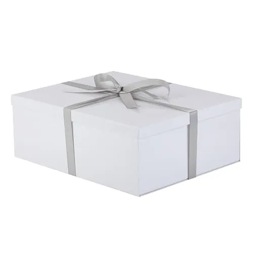 KdmNzoo Geschenkbox mit Deckel 42 x 32 x 15.5 cm groß xxl, Geschenkbox mit Schleifen, Grußkarten, Raffia Hamper Shreds für Weiß