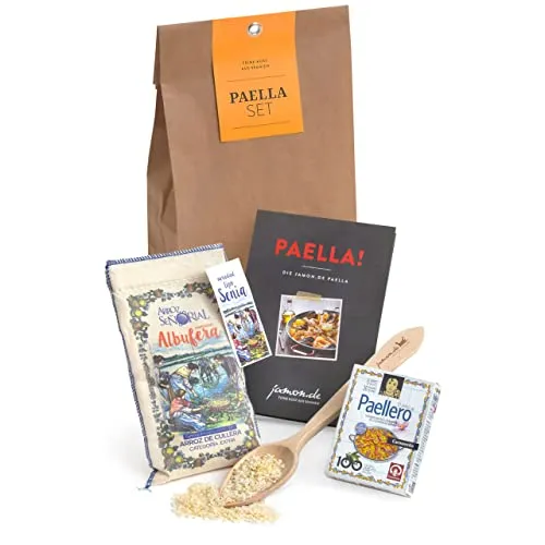 Paella-Set - Originalzutaten für eine spanische Paella von jamon.de - Reis-Kategorie: Originalzutaten für die Zubereitung einer köstlichen Paella mit traditionellem Holzlöffel und Schritt-für-Schritt Rezept für 6 Personen.