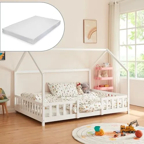 [en.casa] Kinderbett Sisimiut mit Matratze 120 x 200 cm - Kleinkindbett mit effektiven Rausfallschutz und einer allergikergeeigneten Kaltschaummatratze für einen gesunden Schlafkomfort. Ideal für kleine Abenteurer!