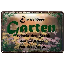 Roomando Metallschild Blechschild Spruch 30x20cm schöner Garten wischt den Staub 30x20