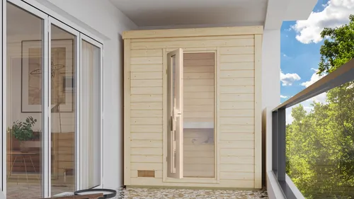 Saunahaus KONIFERA "Trontheim S" - Beige (naturbelassen) - Sauna für den Außenbereich mit 3,6 kW Plug & Play Ofen und integrierter Steuerung, ideal für entspannende Wellnessmomente im eigenen Garten.