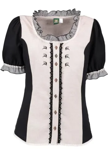OS Trachten Kurzarmbluse Shine in Natur, Größe 50 - Elegante Trachtenbluse mit Rundhalsausschnitt und Rüschen, ideal für festliche Anlässe. Die Puffärmel und die 'Springender Hirsch'-Stickereien verleihen besonderen Charme.