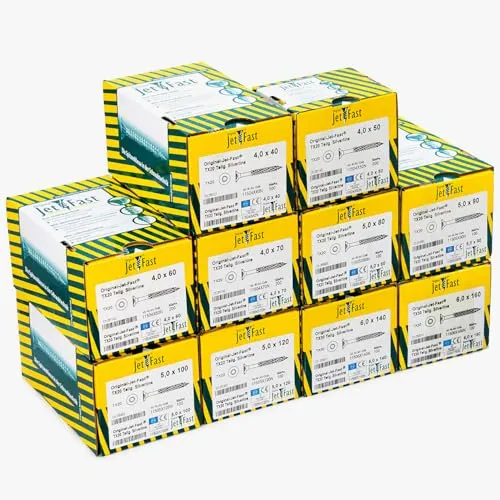 Jet-Fast Schrauben-Set - Selbstbohrende Spanplattenschrauben - Schrauben-Dübel-Sets mit 1700 Stück, Duo-Senkkopf und Selbstbohrspitze für schnelles Einschrauben ohne Vorbohren – ideal für Holz- und Möbelbau.