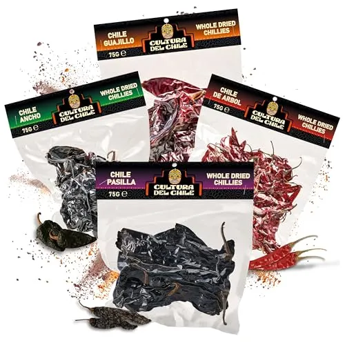 Mexikanisches Bündel aus ganzen getrockneten Chilis. Ancho, Guajillo, Arbol und Pasilla (300g insgesamt). Alle natürlich, Basis-Chilis für authentischen mexikanischen Geschmack. Ideal für Birria Tacos