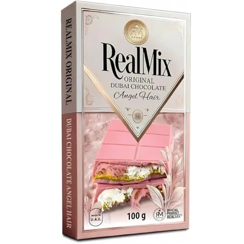 REALMIX Rosa Schokolade direkt aus Dubai VAE | Echter Dubai-Schokoladengenuss mit Himbeeraroma, gefüllt mit Zuckerwatte, Pistazien und Kadayif (100 grammes, Rosa Schokolade)