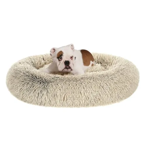 Feandrea Hundebett flauschig, Katzenbett, Donut Kissen, waschbar, Polsterung in der Mitte herausnehmbar, Langer Plüsch, 90 cm Durchmesser, Ombré-Khaki PGW041S01