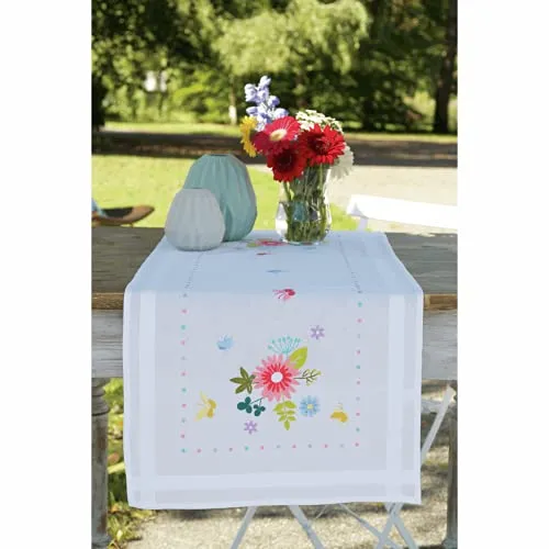 Vervaco Stickpackung Kreuzstich Set Vorgedruckt Tischläufer Frühlingsblumen Stickdecken Vorgezeichnet DIY Basteln Erwachsene Kreativ Stickläufer zum Selbersticken 40 x 100 cm Stickset