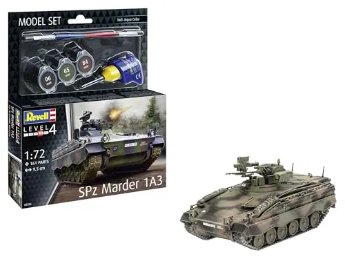 Revell Modellbau Set SPZ Marder 1A3 - Fahrzeug-Modellbausatz des Marder 1A3, mit drehbarem Turm und beweglicher Kanone für realistische Posen. Komplettset mit Farben, Kleber und Pinsel für einfachen Zusammenbau.