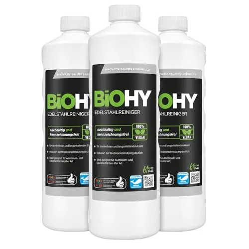 BiOHY Edelstahlreiniger (3 x 1 Liter) | Nachhaltige Edelstahlpflege für strahlenden Glanz - Metallreiniger für Küche, Töpfe und Grill. Entfernt effektiv Kalk und Fett, schützt vor Wiederverschmutzung und sorgt für einen brillanten, streifenfreien Glanz.