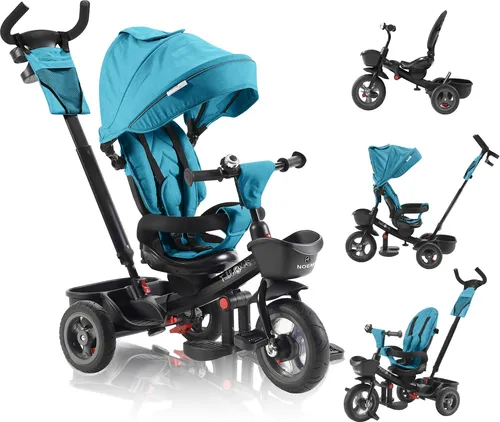 FableKids 5in1 Dreirad Noemi - Türkis - Dreirad für Kinder ab 18 Monaten, multifunktional als Kinderwagen oder Lauflernhilfe nutzbar, mit sicherem 3-Punkt-Gurt und praktischem Zubehör wie Getränkehalter und Aufbewahrungstasche.