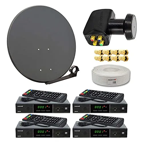 Premium X Satelliten-Komplettanlage für 4 Teilnehmer - SAT-Antenne 60cm in Anthrazit mit wasserdichtem Quad LNB für besten Empfang. Inklusive 4 HD TV Sat-Receiver und 50m Antennenkabel. Ideal für höchsten Fernsehspaß!