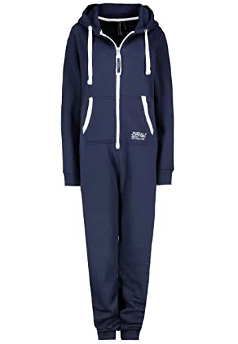 Eight 2 Nine Damen Sweat Overall Einteiler Onesie dunkelblau M/L - Bequemer Sweat Overall mit Kontrastnähten, ideal für entspannte Tage. Flauschige Innenseite und praktische Kängurutasche sorgen für Komfort und Stil.