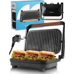 MalTec Kontaktgrill Elektrogrill Sandwichmaker Sm1500W Toaster Schwarz Grillplatten für Sandwiches Cool-Touch Handgriff - Schwarz