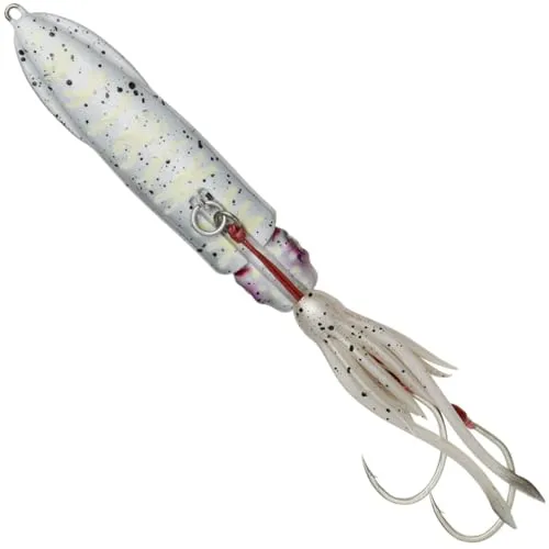 Savage Gear Meeresjig Swimsquid Inchiku 10,3cm 180g - White Glow - Kunstköder von Savage Gear für das Meeresangeln. Mit realistischem Design, Hydro-Lock-Rippen und eingebauter Stahlrassel für optimale Anziehungskraft. Vormontiert mit scharfen Twin-Assist-Haken.