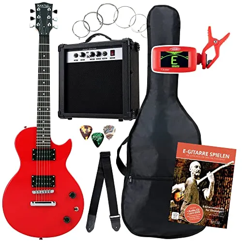 Rocktile Single Cut Pack Komplettset Power E-Gitarre Rot (Verstärker, Stimmgerät, Tasche, Kabel, Gurt, Plecs, Ersatzsaiten und Schule mit CD/DVD)