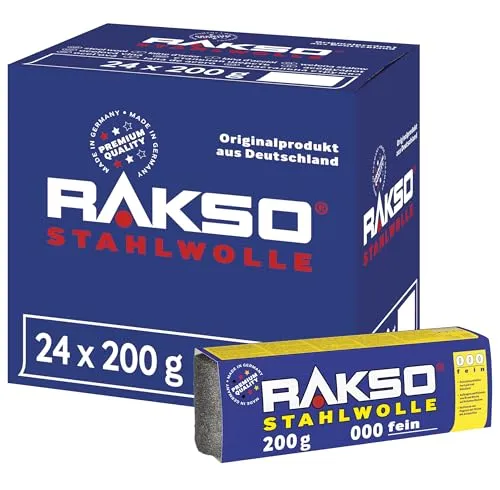 RAKSO Stahlwolle fein 000-4,8 kg, 24 Banderolen à 200g, Zwischenschliff von Lack, Schellack, poliert Kupfer, Messing & Öl, Wachs auf Holz