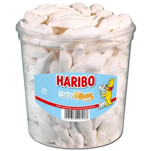 Haribo Fruchtgummi Weiße Mäuse 150 Stück - Fruchtgummis mit fruchtigem Geschmack, ideal für Partys oder als Snack für zwischendurch. Genießen Sie die Vielfalt mit 150 Portionen!