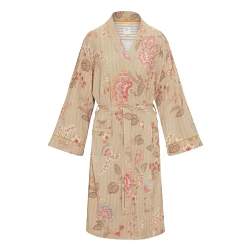 Pip Studio Damen Morgenmantel Naomi Kimono Beige, Größe M - Erotische Morgenmäntel für Damen, knielanger Kimono mit floralem Muster, weich und elastisch, ideal für entspannte Momente zu Hause.