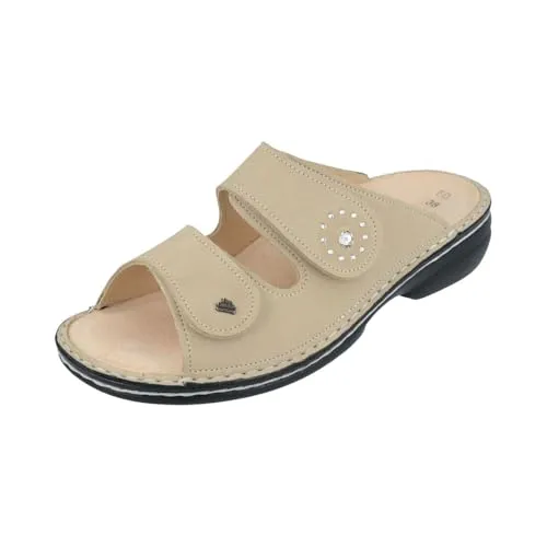 Finn Comfort Beverly-Soft Damen Pantoletten - Beige, Größe 40 - Pantoletten mit herausnehmbarem SOFT-Fußbett für hohen Tragekomfort. Verziert mit Swarovski-Kristallen und verstellbaren Klettverschlüssen, ideal für normale bis kräftige Füße.