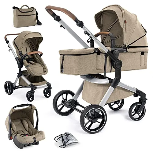bergsteiger Kombi-Kinderwagen Lugo 3in1/4in1, brown | silver - Kombikinderwagen für ab Geburt, mit pannensicheren Rädern und abwaschbarem Material für einfache Pflege, inklusive Babyschale und Winterfußsäcken.