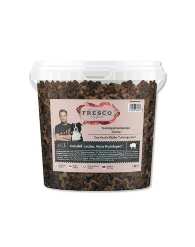 Fresco Martin Rütter Trainingsknöchelchen Ibérico 1 kg Eimer - Leckeres Trockenfutter für Hunde mit 92 % Ibérico Schwein. Ideal für Training und Belohnung, sorgt für Freude beim Füttern!