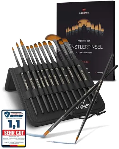 LIEBERGE Premium Pinselset Acrylfarben – 12 Pinsel ohne Haarverlust - Pinsel-Sets mit Strong Hair-Technologie für langlebige, formstabile Pinsel. Ideal für Acryl, Aquarell, Öl und Gouache, inklusive hochwertigem Präsenter für einfaches Verstauen.