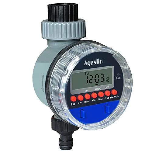 Aqualin Bewässerungsuhr mit Kugelhahn - Bewässerungscomputer für Garten mit 8 Programmen, LCD-Display und wasserdichtem Design, ideal für effiziente Gartenbewässerung.