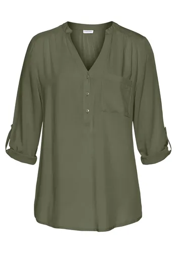 LASCANA Schlupfbluse mit 3/4-Ärmeln - Modische Damenbluse in khaki, aus 100% Viskose, mit eleganter Knopfleiste und figurumspielendem Schnitt – perfekt für vielseitige Outfits.