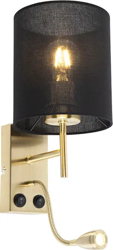 Art Deco Wandlampe Gold mit schwarzem Baumwollschirm - Stacca - Elegante Wandleuchte im Art-Déco-Stil, ideal für Schlafzimmer oder Wohnzimmer. Flexibler Lesearm und warmes Licht schaffen eine gemütliche Atmosphäre.