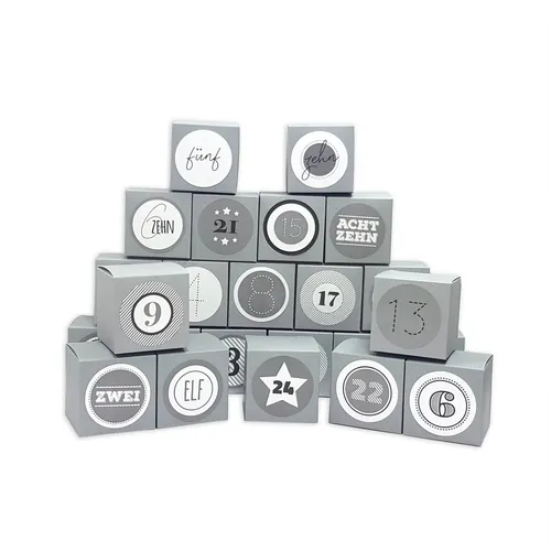 Frau WUNDERVoll® DIY Adventskalender Vorfreude zum Befüllen, 24 Faltschachteln grau 7(L) x7(B) x7(H) cm (gefaltet), XL Ziffern grau/Weihnachten, Aufkleber, Würfelbox, Faltverpackung, Schachteln