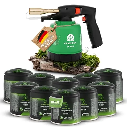 CAMPLORA Lötlampe inkl. 10 Stechkartusche 190g mit Piezozündung Lötbrenner Gasbrenner mit Kartusche Bunsenbrenner Werkstatt Gaslötkolben Brenner Abflammgerät gas blow torch bunsenbrenner küche