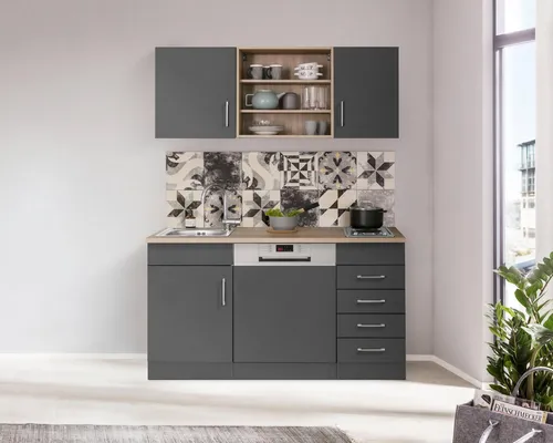 Pantryküche KOCHSTATION "KS-Mali" in Grau mit E-Geräten - Moderne Küchenzeile mit 150 cm Breite, ideal für kleine Räume. Hochwertige Holzwerkstoffe und praktische Ausstattung machen das Kochen zum Vergnügen.