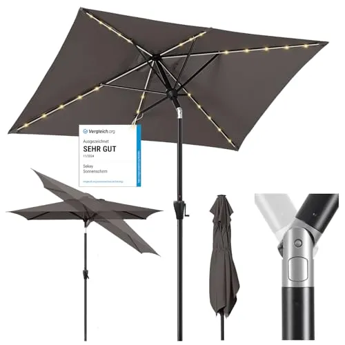 Sekey Aluminium Solar-Sonnenschirm mit LED-Beleuchtung 210x140cm - Sonnenschirm mit 26 integrierten LED-Lampen und UV50+ Schutz, ideal für Balkon und Garten – nachhaltiges Design aus recycelbaren Materialien für umweltbewusste Nutzer.