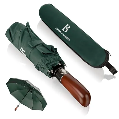 LOGAN & BARNES Taschenschirm Dublin - Sturmfest bis 140 km/h mit Holzgriff - Taschenschirm mit Automatiköffnung, schnell trocknend und robust. Ideal für windige Tage, bleibt stabil bei bis zu 140 km/h.