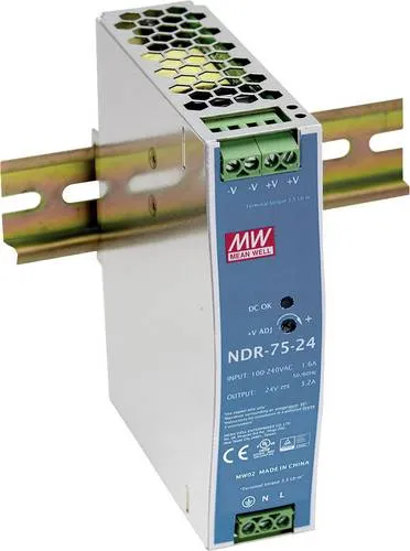 MW Mean Well NDR-75-24 Hutschienen-Netzteil - Einphasiges Schaltnetzteil für Hutschienenmontage, Eingangsspannung 88-264VAC, bietet hohe Effizienz und kompakte Bauweise für vielseitige Anwendungen.