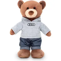 Audi Teddybär 3202500100 - Kuscheliger Plüschbär mit ausziehbarem Hoodie und Jeanshose, perfekt für kleine Audi-Fans und Sammler.