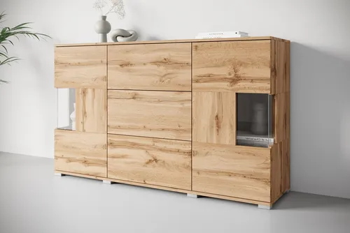 INOSIGN Sideboard Kenia mit Glastüren - Kommode mit 3 Schubladen und 6 Fächern, FSC®-zertifiziert und umweltfreundlich, bietet stilvollen Stauraum und individuelle Gestaltungsmöglichkeiten.