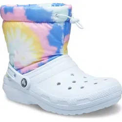 Crocs Classic Lined Neo Puff Tie Dye Boot Mineral Blau - Bequeme gefütterte Stiefel im trendigen Batik-Look. Ideal für jeden Tag, leicht und einfach zu reinigen. Genießen Sie den Komfort und die Vielseitigkeit dieser beliebten Clogs!