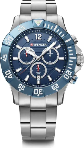 Wenger Quarzuhr Seaforce 01.0643.119 - Sportlicher Taucher-Chronograph - Armbanduhren mit 20 ATM Wasserdichtigkeit, ideal für Taucher und Sportler. Chronograph mit blauem Zifferblatt und langlebigem Edelstahl-Gehäuse.