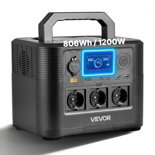 VEVOR Tragbare Powerstation 1200W – Zuverlässiger Solargenerator für Camping und Notfälle - Die VEVOR Tragbare Powerstation mit 806 Wh und 1200 W bietet eine zuverlässige Stromversorgung für Zuhause und beim Camping. Kompakt, leicht zu transportieren und mit 9 Ausgängen ausgestattet – ideal für verschiedene Anwendungen.