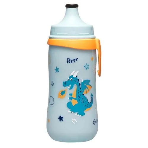 nip – Kinder Trinkflasche Kids Cup | zahnfreundliche Push-Pull Sportflasche mit Clip. Leicht und einfach zu reinigen, BPA-frei, 330 ml, Motiv Drache, blau