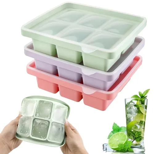 Litimkat 3 Stück Eiswürfelform, Silikon Eiswürfelbehälter Mit Deckel,Große Quadratische Eiswürfel 4.8cm,Stapelbar und Spülmaschinenfest,für Cocktails Whisky Wein Obst Fruchtpürees Eiscreme Eistee