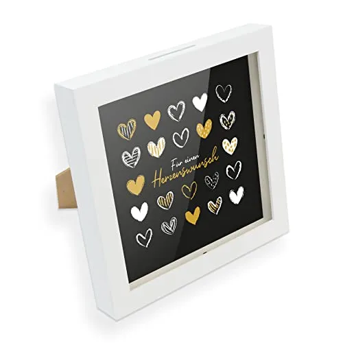 itenga Bilderrahmen Spardose – Geldgeschenk Rahmen mit Schlitz – Sparrahmen mit Umschlag – kreative Geschenkidee für Verschiedene Anlässe 20x20cm (Motiv Herzenswunsch)