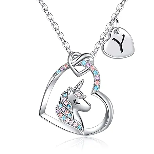 TINGN Geschenke für Mädchen Einhorn Halskette, 14K Weißgold Vergoldet CZ Herz Anhänger Einhorn Halskette Kinder Schmuck Silber Kette mit Buchstaben Y Geburtstagsgeschenk für Mädchen Nichte Tochter