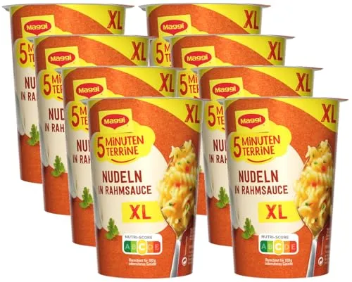 Maggi Fertiggericht 5 Minuten Terrine XL, Nudeln in Rahmsauce - Nudelgerichte, schnell und unkompliziert in nur 5 Minuten zubereitet, perfekt für zuhause, unterwegs oder im Büro. Vegetarisch und lecker mit sahnigem Rahm und fruchtigen Tomaten.