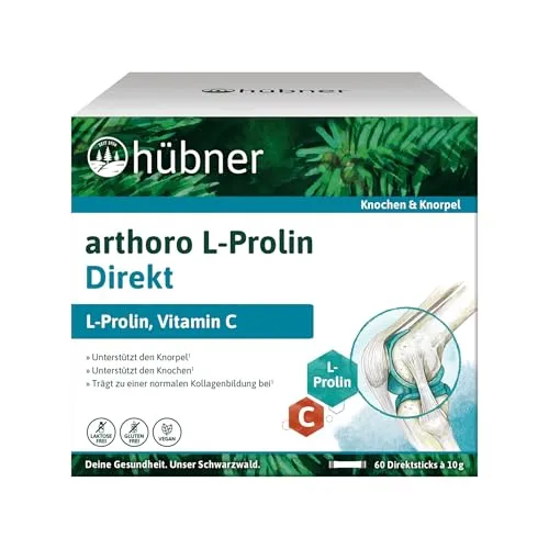 Hübner Arthoro L-Prolin Direkt - Kollagenunterstützung mit Vitamin C, 60 Sticks für gesunde Haut und Gelenke, einfache Anwendung in Wasser löslich