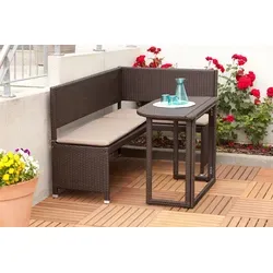 Merxx Eckbank Set inkl. Kissen - Flexibles Design für Balkon - Gartenmöbel-Set mit pulverbeschichtetem Stahlgestell und braunem Kunststoffgeflecht, ideal für 3 Personen. Inklusive Sitzkissen und klappbarem Tisch für platzsparende Nutzung.